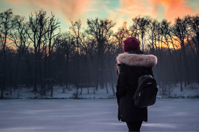 Rear view of person standing on snow covered landscape during sunset