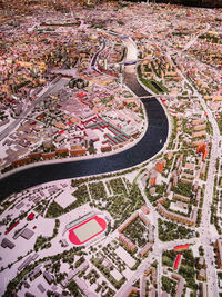 High angle view of road amidst buildings in city