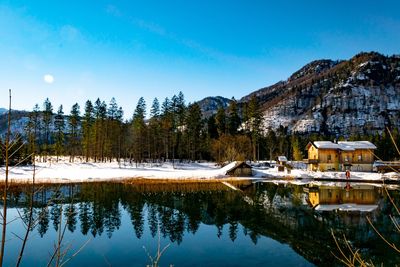 Scenic view of lake against sky during winter