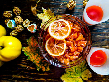 High angle view of fruits on table