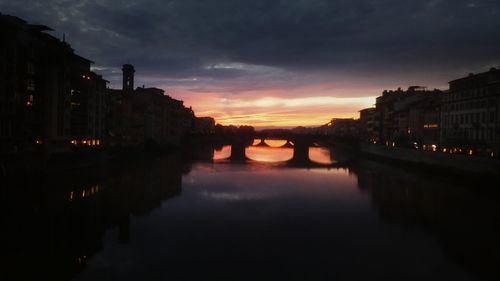 Reflection of illuminated buildings in water at sunset