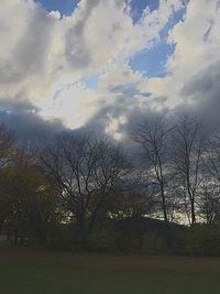 Bare trees on field against cloudy sky