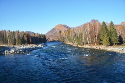 Scenic view of waterfall against clear blue sky