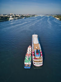 High angle view of ship in sea against sky