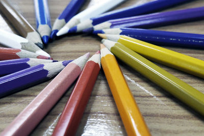 Close-up of multi colored pencils arranged on wooden table