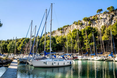Boats moored on sea against clear sky