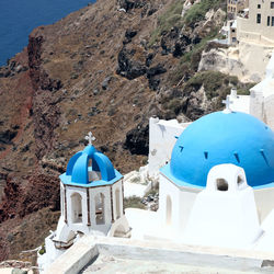 High angle view of whitewashed church at santorini