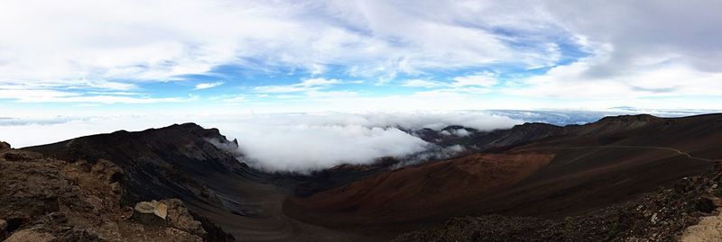 Scenic view of mountains against cloudy sky