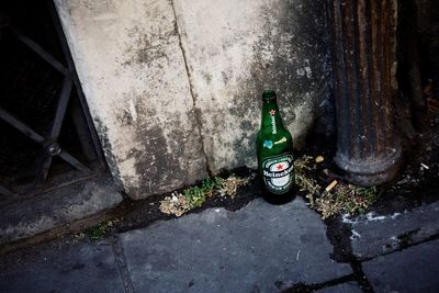 High angle view of bottle bottles