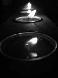 Close-up of illuminated candle in dark room