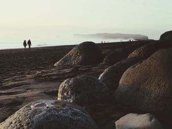 Rocks on beach against clear sky during sunset