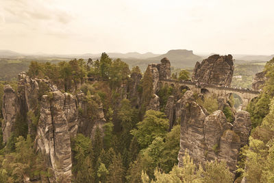 High angle view of rock formations and trees