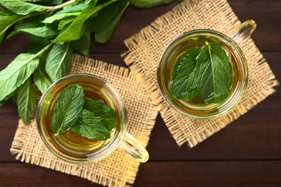 Directly above shot of herbal tea served on table