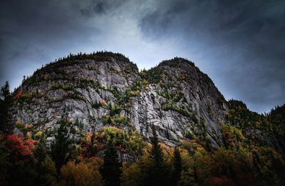 Low angle view of rocks on mountain against sky