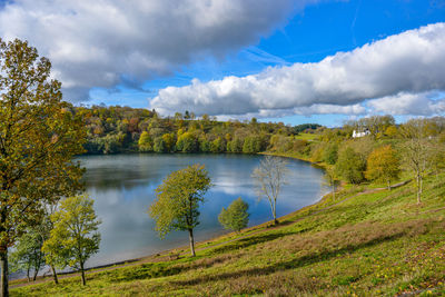 Scenic view of lake against sky during autumn