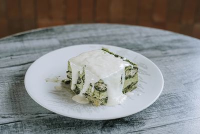 High angle view of dessert in plate on table