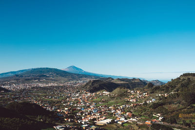 Aerial view of townscape against clear blue sky