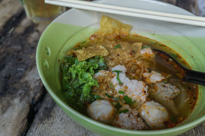 High angle view of food in bowl on table