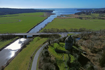 High angle view of people on landscape against sky