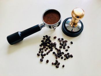 High angle view of coffee cup on table