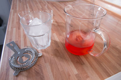 High angle view of drink in glass on table