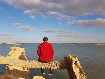 Rear view of man looking at sea against sky