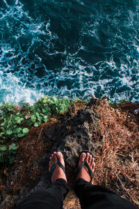 Low section of man standing at beach