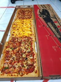 High angle view of pizza on table