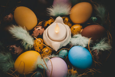 Close-up of multi colored eggs