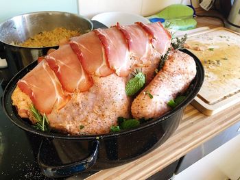 High angle view of meat in plate on table