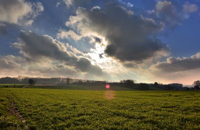 Scenic view of field against cloudy sky