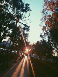 Street amidst trees against sky during sunset in city