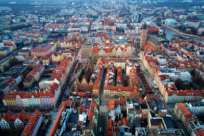 Aerial view of wroclaw rynek market square during christmas holidays