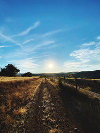 Scenic and panoramic view from a dirt road with beautiful sunshine during golden hour.
