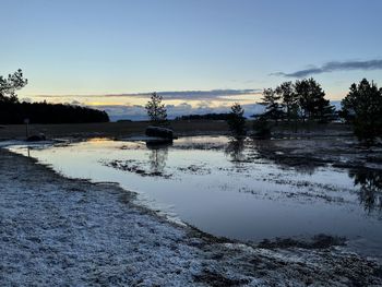 Scenic view of lake against sky during winter