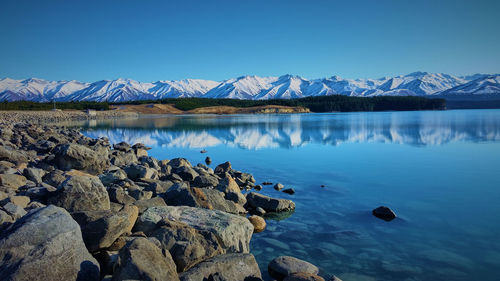 Scenic view of lake against blue sky