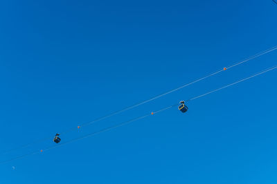 Low angle view of birds flying against clear blue sky