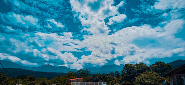 Panoramic view of trees and buildings against sky