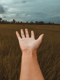 Midsection of person hand on field against sky