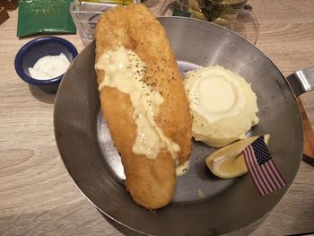 High angle view of bread in plate on table