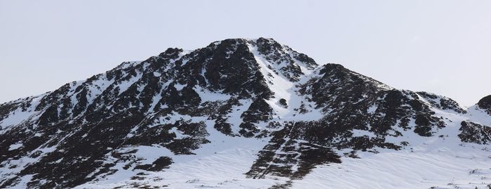 Low angle view of snowcapped mountain against clear sky