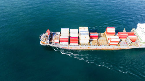 High angle view of ship in sea