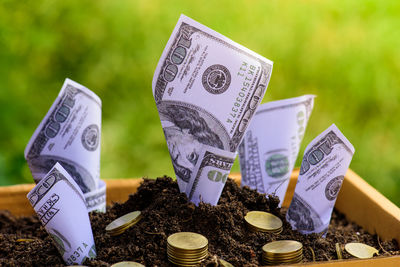 Close-up of paper currencies with coin in mud at yard