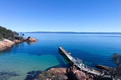 Scenic view of sea against clear blue sky