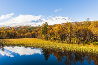 Autumn colors besides small lake in front of snowcovered mountains autumn colors