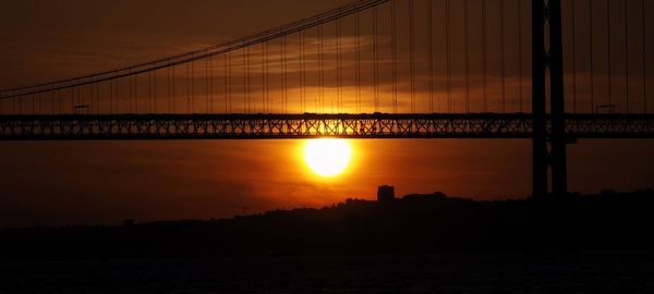 Silhouette bridge over river at sunset