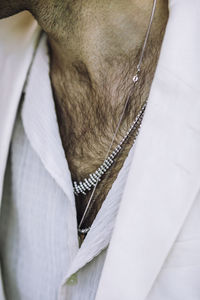 Midsection of man wearing necklaces and chain