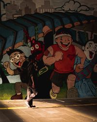 Full length of man standing against graffiti wall