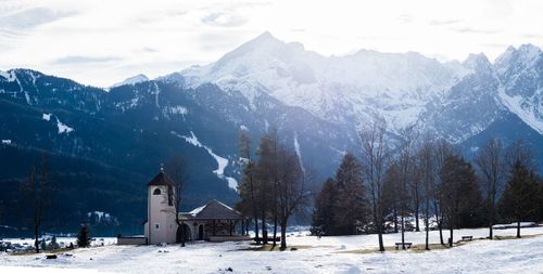 Scenic view of mountains against sky during winter