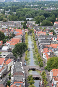 High angle view of road amidst buildings in city